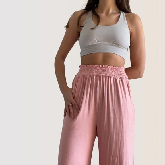 Blush pink wide-leg elastic palazzo sweatpants smocked waist | Size S - Picture 2 of 7